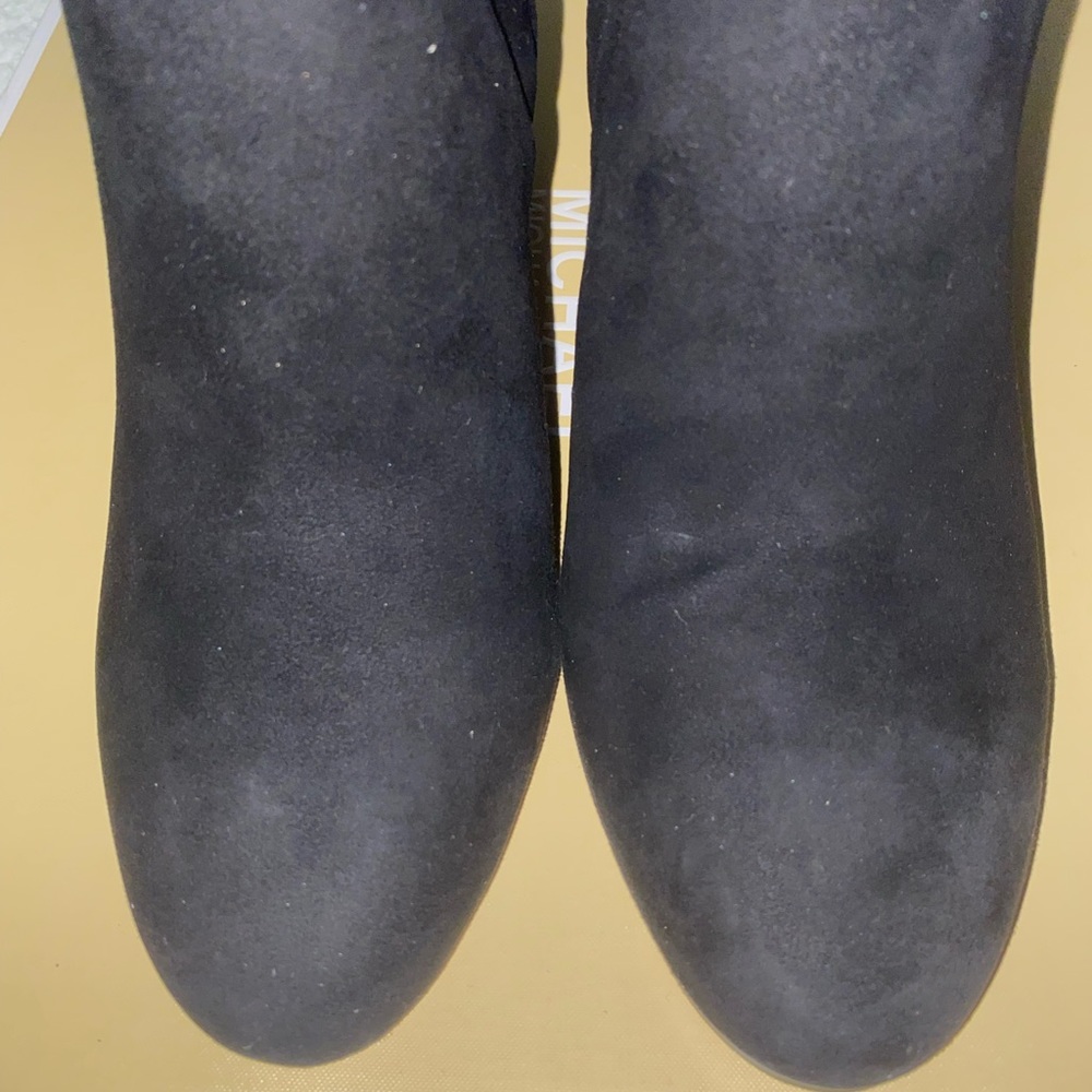 Michael- Michael Kors, Black Suede booties with silver chain on heel size 9 1/2